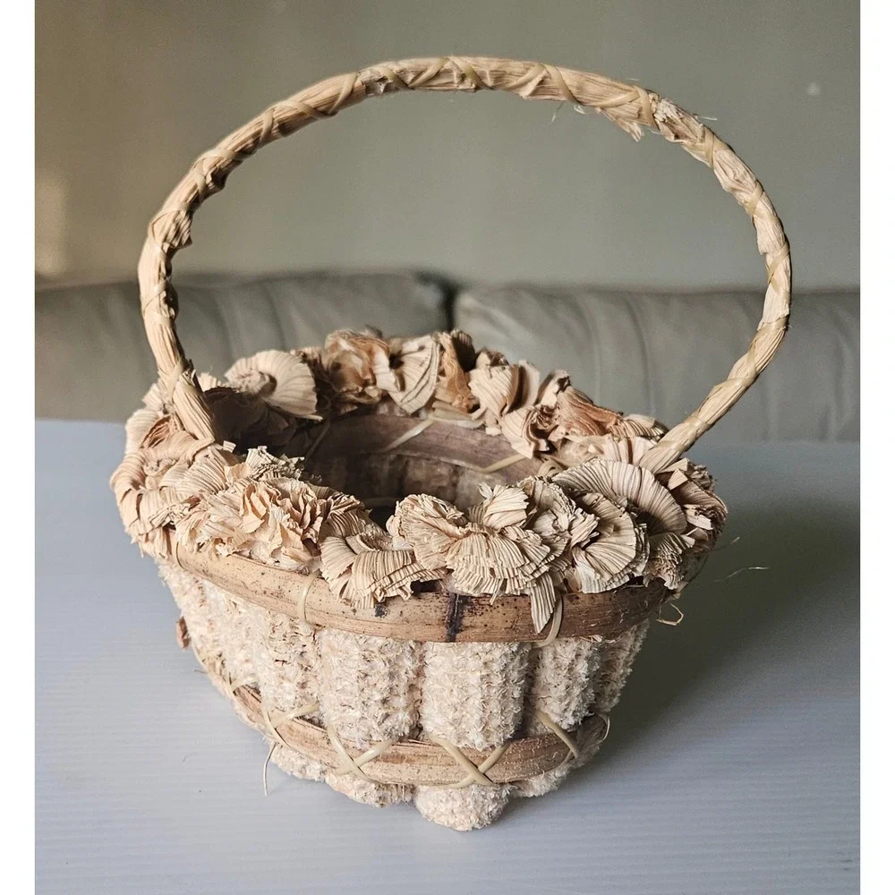 Vintage Natural Corn Husk and Cob Decorative Basket with Floral Trim Rustic Folk